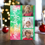 Eye Catching Tie Dye Photo Collage Merry Christmas Holiday Card<br><div class="desc">Add three pics to make a modern and non-traditional look -- A merry and bright Christmas greeting with a modern script calligraphy greeting. The back is a Tie Dye pattern with a light plaid pattern overlay.</div>