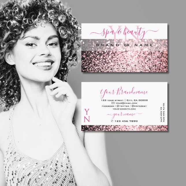 Eye Catching White Pink Sparkling Glitter Monogram Business Card (Creator Uploaded)