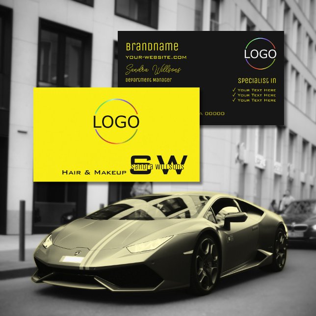 Eye Catching Yellow Black with Monogram and Logo Business Card (Creator Uploaded)