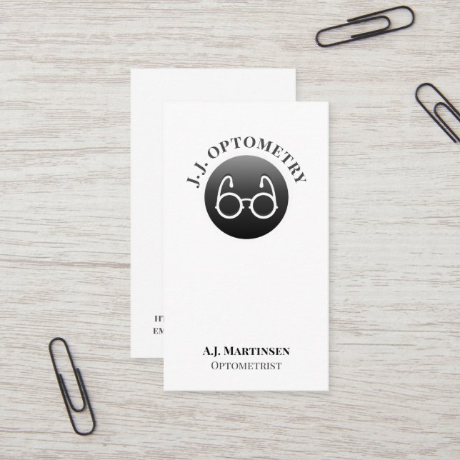 Eye Glasses on a Black Button Business Card (Front/Back In Situ)