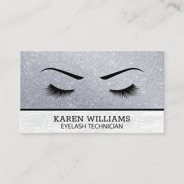 Eye Lash | Glitter | White Crocodile Leather Business Card (Front)