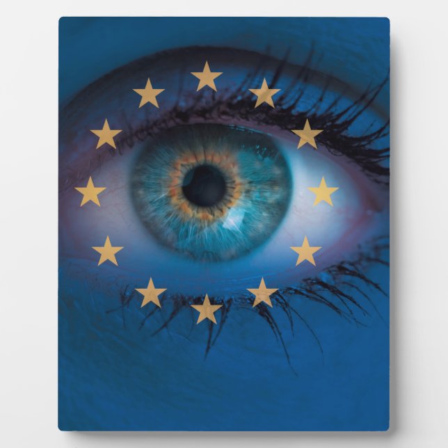 Eye looks through Europe flag background concept Plaque (Front)