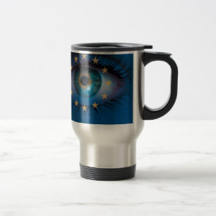 Eye looks through Europe flag background concept Travel Mug