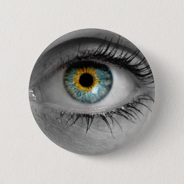 Eye looks to viewer concept macro 2 inch round button (Front)