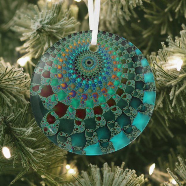 Eye of Chameleon Teal Abstract Fractal Mandala Glass Ornament (Insitu)