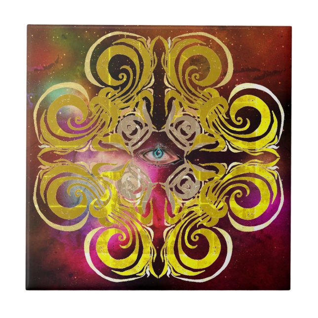Eye of Cosmos Yellow Purple Retro Tiles (Front)