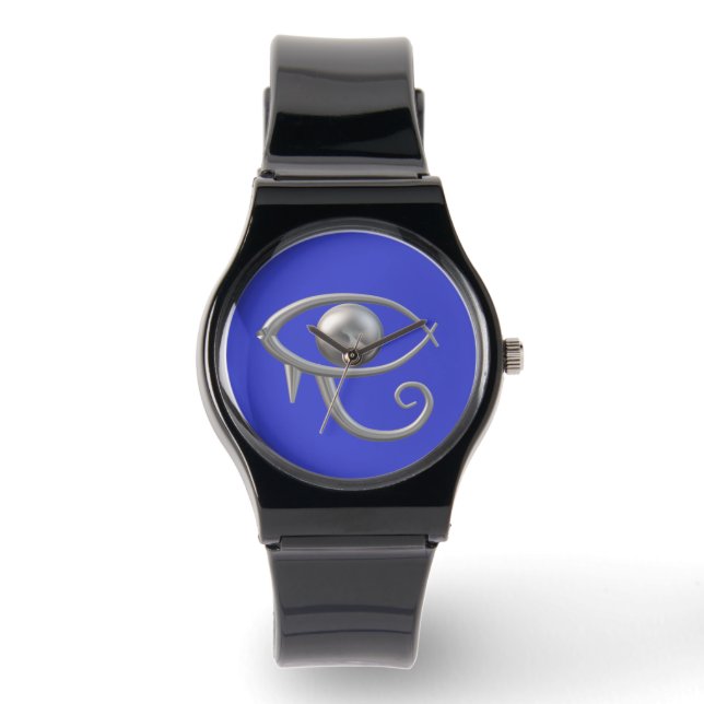 Eye of Ra silver on blue black silicone watch (Front)