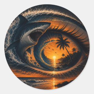 Eye of the Wave – Surreal Shark Ocean Sunset Optic Classic Round Sticker