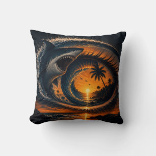 Eye of the Wave – Surreal Shark Sunset Throw Pillo Pillow