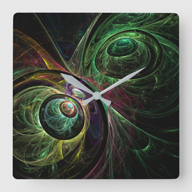 Eye to Eye Modern Fractal Green Gold Abstract Art  Square Wall Clock (Front)