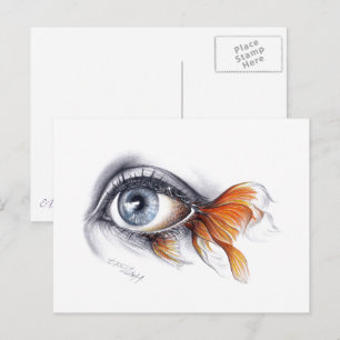 Eye with fish tail Surreal drawing art Postcard