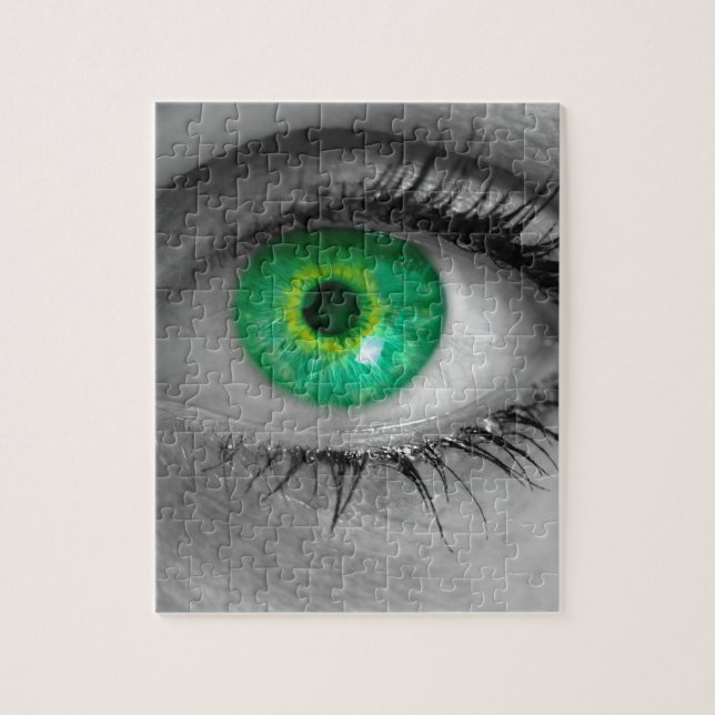 Eye with green iris looks at viewer concept macro jigsaw puzzle (Vertical)