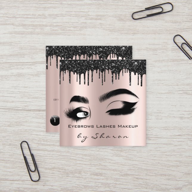 Eyebrow Lash Rose Drips 6 Punches QR Code Logo Square Business Card (Front/Back In Situ)