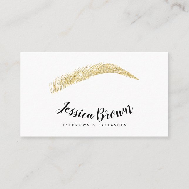 Eyebrow lashes chic gold glitter name glam white business card (Front)