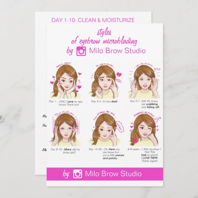 Eyebrow Microblading Aftercare Instruction Pinky Invitation (Front/Back)