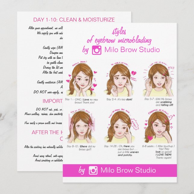 Eyebrow Microblading Aftercare Instruction Pinky Invitation (Front/Back)