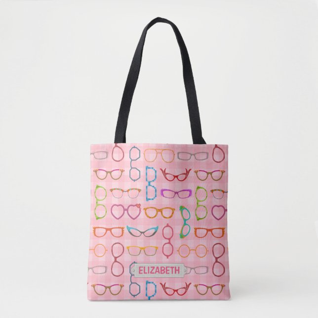 Eyeglass Retro Modern Hipster Frames Pink Gingham Tote Bag (Front)