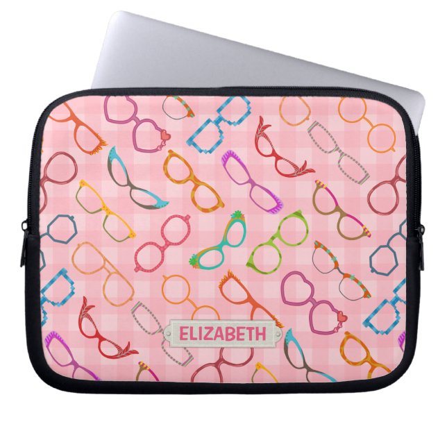 Eyeglasses Retro Modern Hipster Pink Gingham Name Laptop Sleeve (Front)