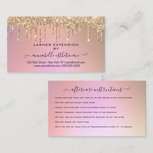 Eyelash Extension Aftercare Instruction Glitter  B Business Card (Front/Back)