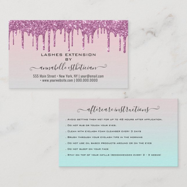 Eyelash Extension Aftercare Instruction Glitter  Business Card (Front/Back)