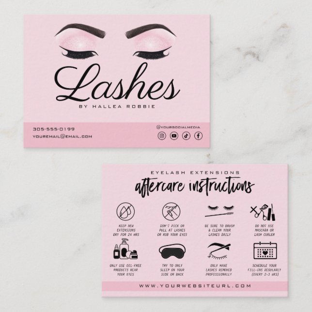 Eyelash Extension Aftercare Instructions Pink Business Card (Front/Back)