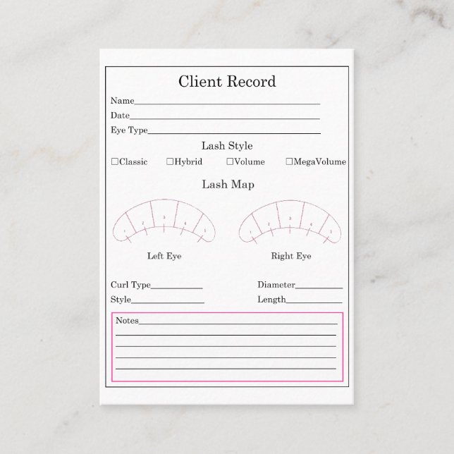 Eyelash Extension Client Record Form Business Card (Front)