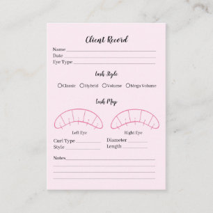Eyelash extension client Record form, pink Business Card
