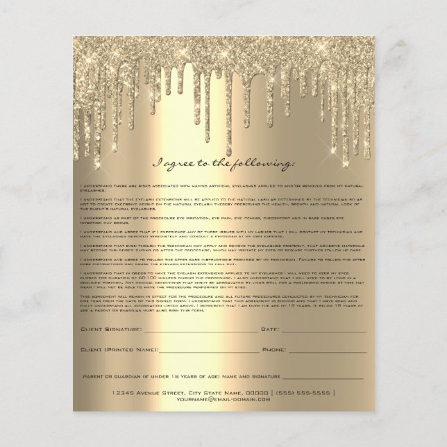 Eyelash Extension Liability Waiver Champaigne Gold Flyer (Back)