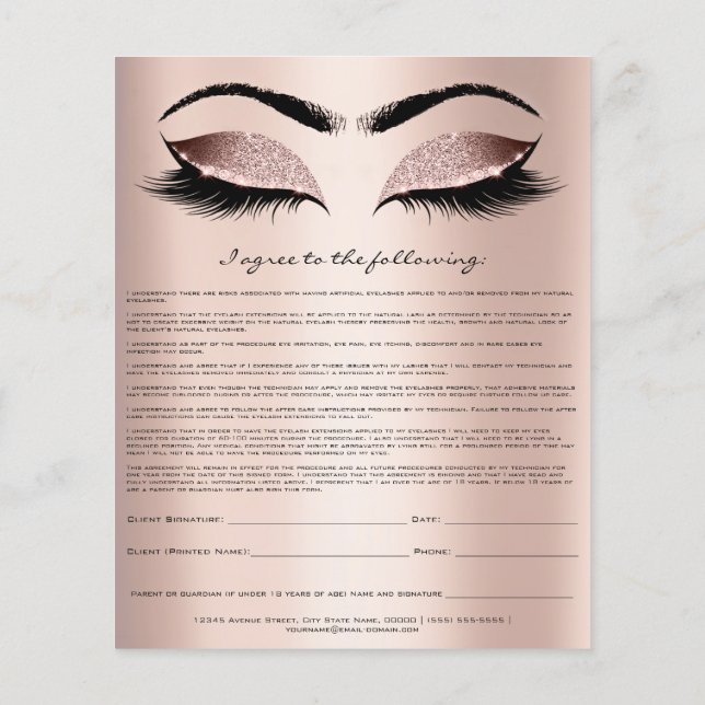Eyelash Extension Liability Waiver Rose Blush Flyer (Back)