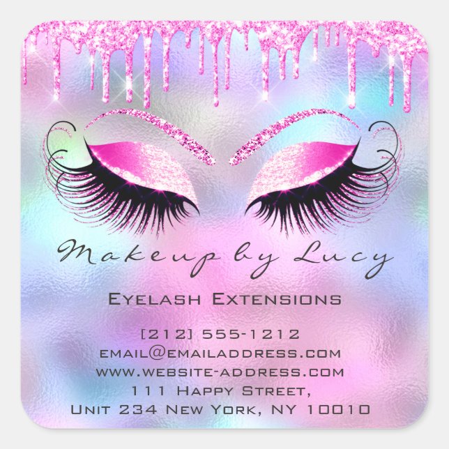 Eyelash Extension Makeup Beauty Salon Pink Drips V Square Sticker (Front)