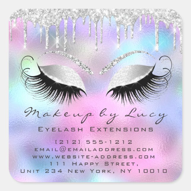 Eyelash Extension Makeup Beauty Silver Pink Ombre Square Sticker (Front)