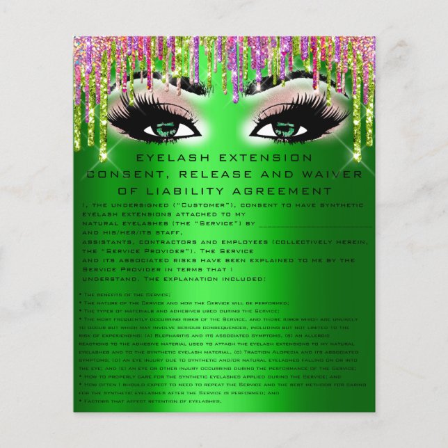 EYELASH EXTENSION RELEASE WAIVER Green Eyes Drips Flyer (Front)