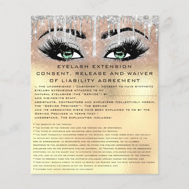 EYELASH EXTENSION RELEASE WAIVER Green Gold Flyer (Front)