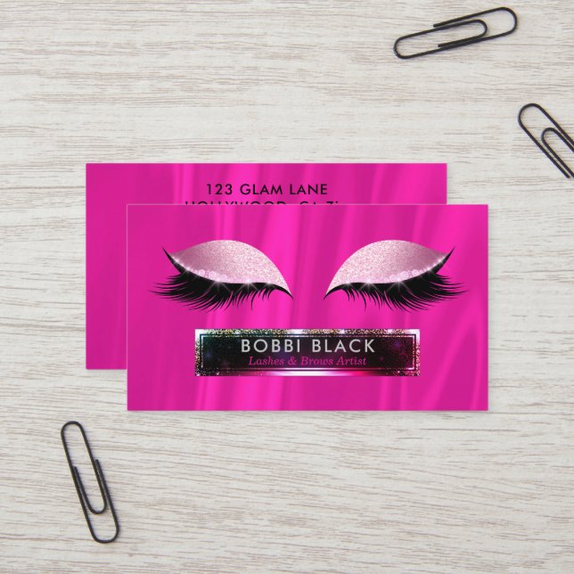 Eyelash Extensions Hot Pink Glitter Glam Makeup Business Card (Front/Back In Situ)