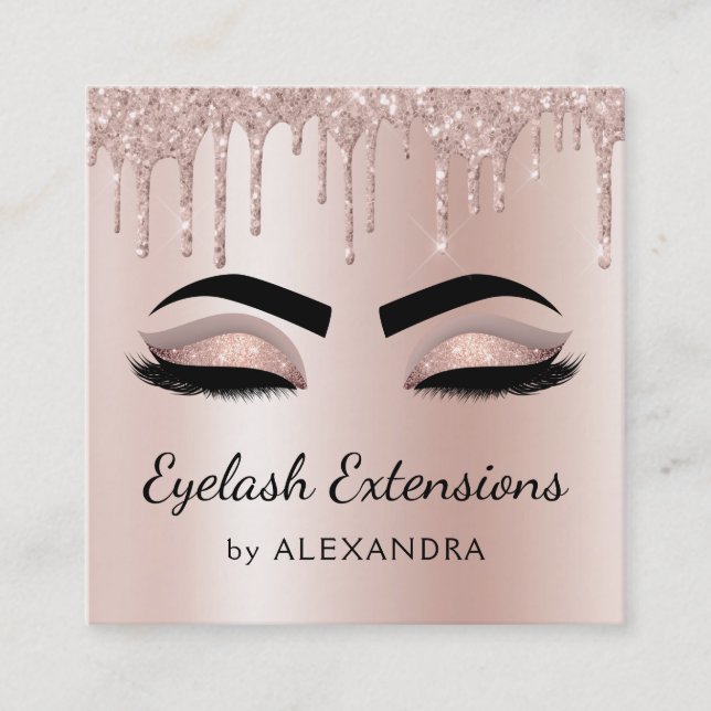 Eyelash Extensions Lashes Glitter Rose Gold Pink Square Business Card (Front)