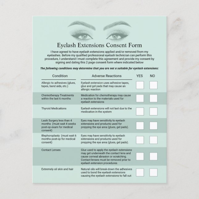 Eyelash Extensions Pastel Mint Liability Waiver Flyer (Front)