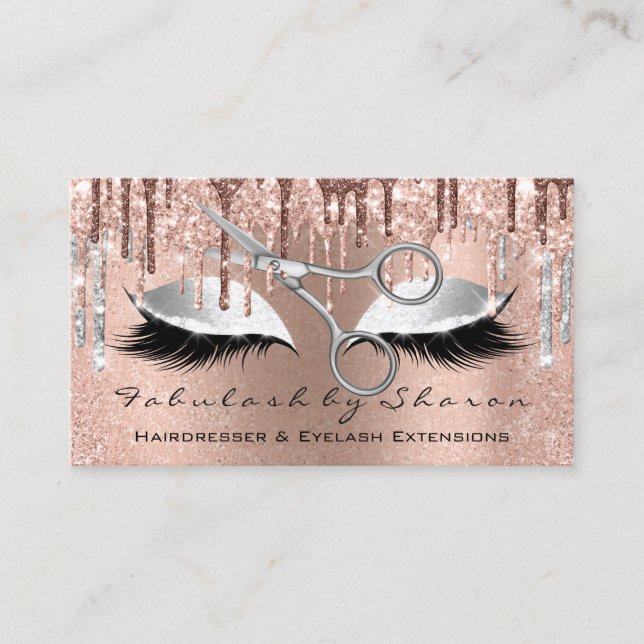 Eyelash Hairdresser Stylist Scissors Rose Silver Business Card (Front)