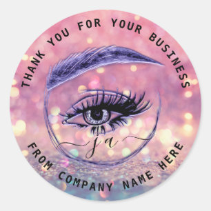 Eyelash Logo Name Holograph Thank Monogram Blue Classic Round Sticker