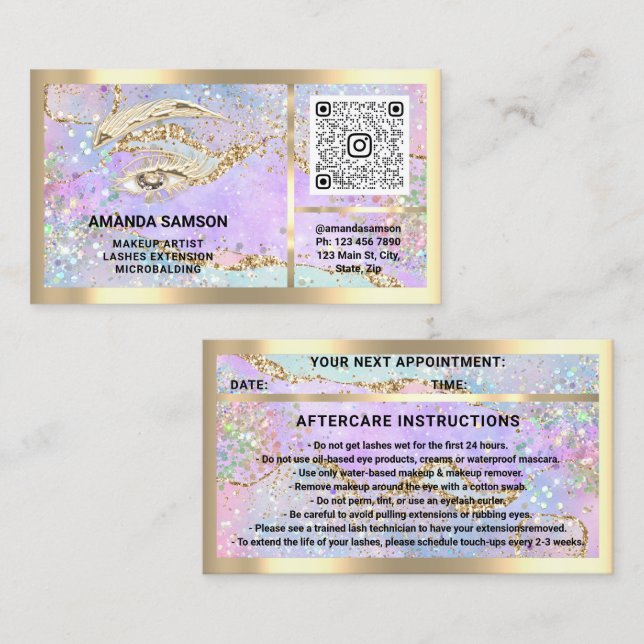 Eyelash Microblade QRCODE Aftercare Gold Holograph Business Card (Front/Back)