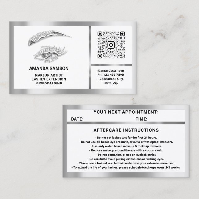 Eyelash Microblade QRCODE Aftercare Silver White Business Card (Front/Back)