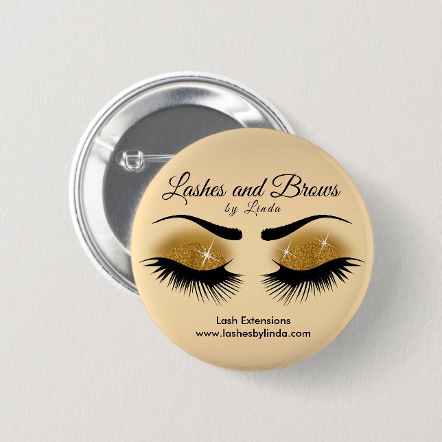 Eyelashes and Brows - Gold Glitter 2 Inch Round Button (Front & Back)