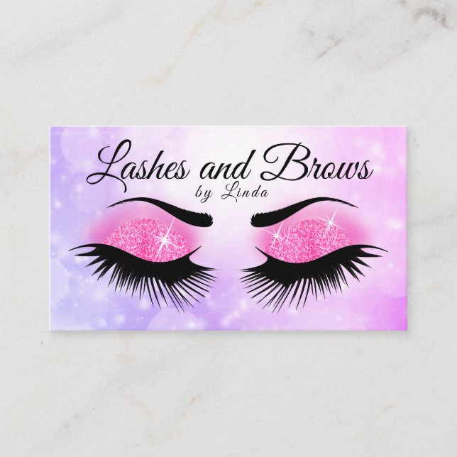 Eyelashes and Brows - Purple and Pink Glitter Business Card (Front)
