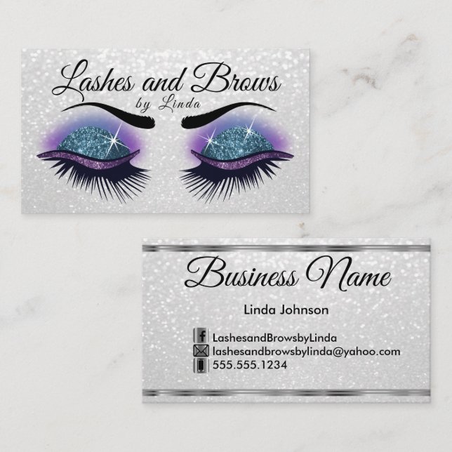 Eyelashes and Brows - Purple and White Glitter Business Card (Front/Back)