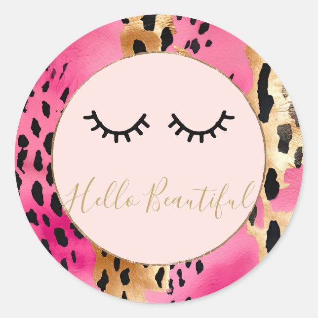Eyelashes Girly Pink Glam Black Gold Leopard Classic Round Sticker (Front)