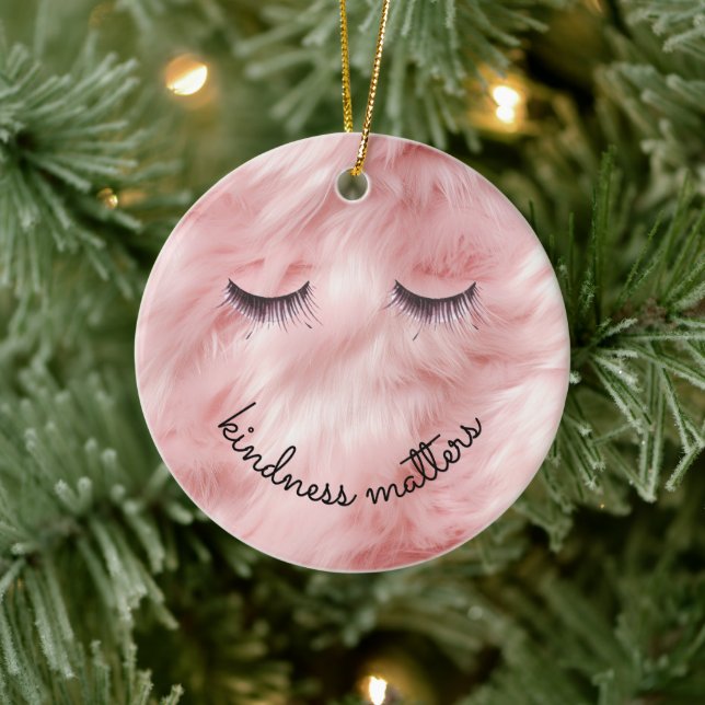 Eyelashes Kindness Pink Faux Fur Ceramic Ornament (Tree)