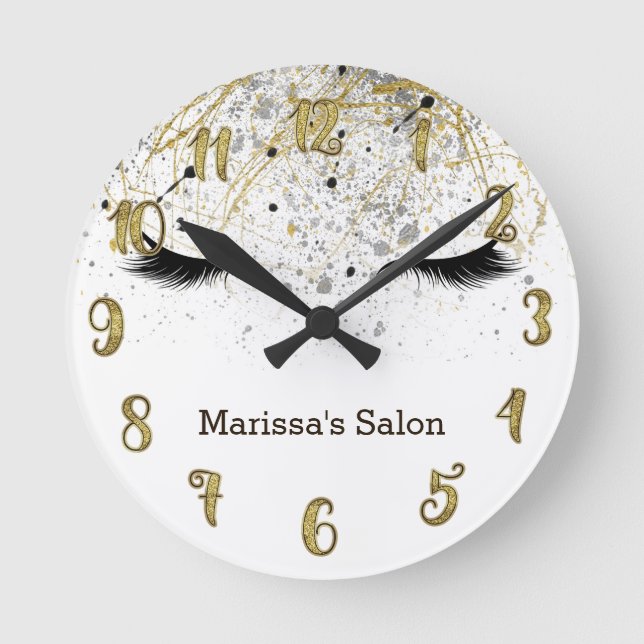 Eyelashes Lashes Gold & Black Glam Personalized Round Clock (Front)