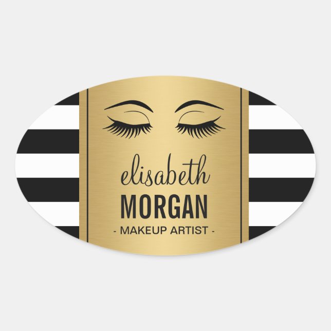 Eyelashes Logo Makeup Artist Gold Stripes Oval Sticker (Front)