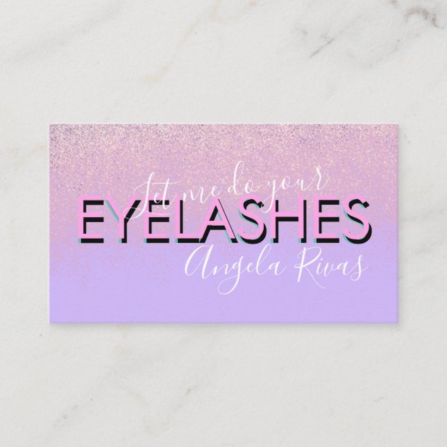 Eyelashes Salon Quote Pink Violet Glitter Business Card (Front)