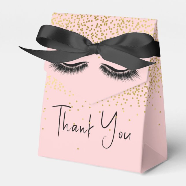 Eyelashes with Gold Glitter on Pink Favor Box (Front Side)