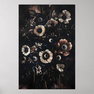 Eyes in moody dark flowers print, strange floral poster